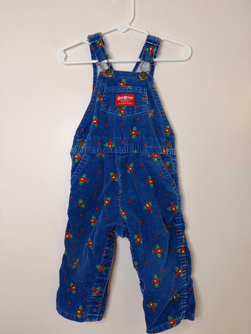 VTG OshKosh B’Gosh Vestbak Rocket Print Corduroy Overalls 24M EUC USA Rare 80s